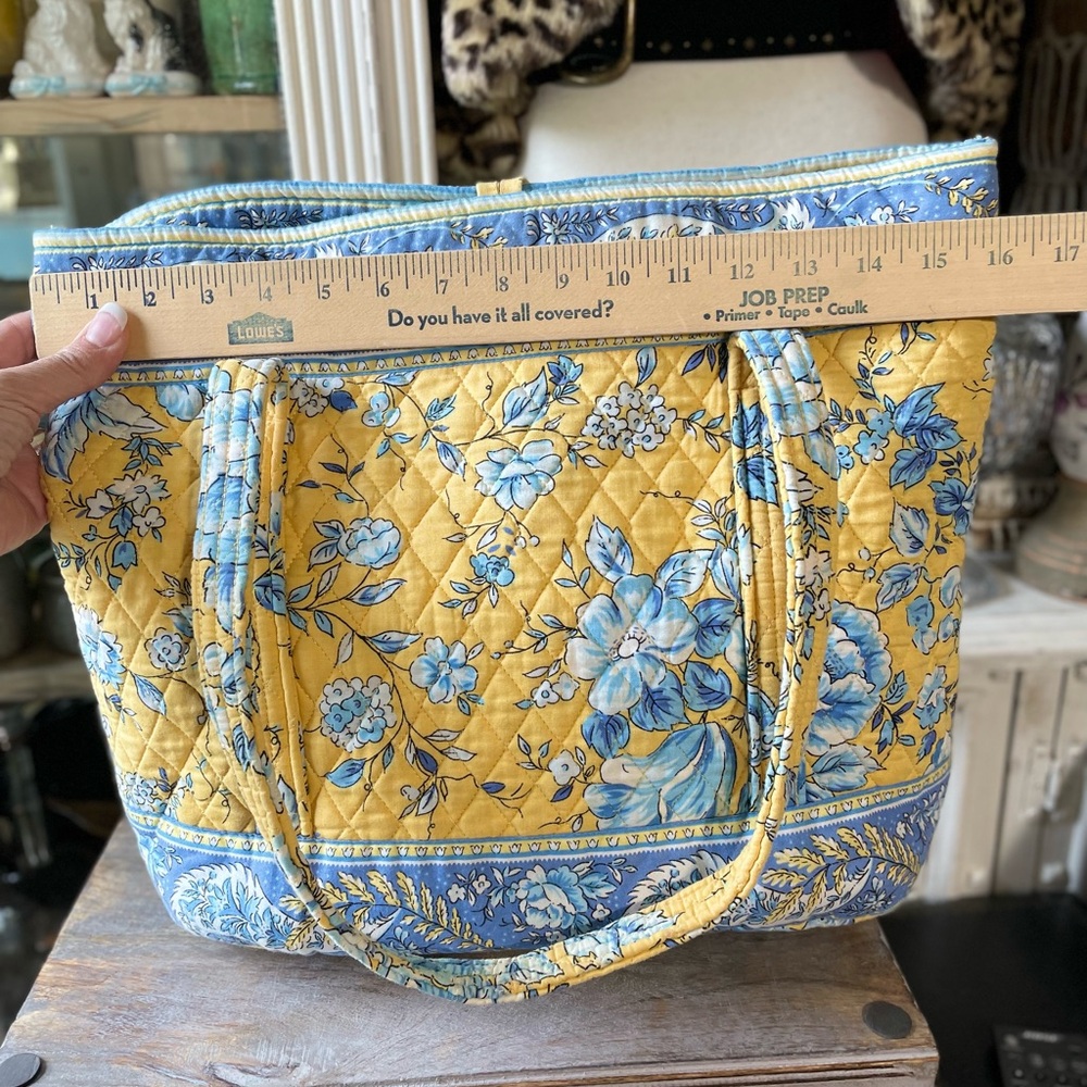Vintage Quilted Keepers yellow & blue floral fabric tote cottage French Country - Picture 6 of 12
